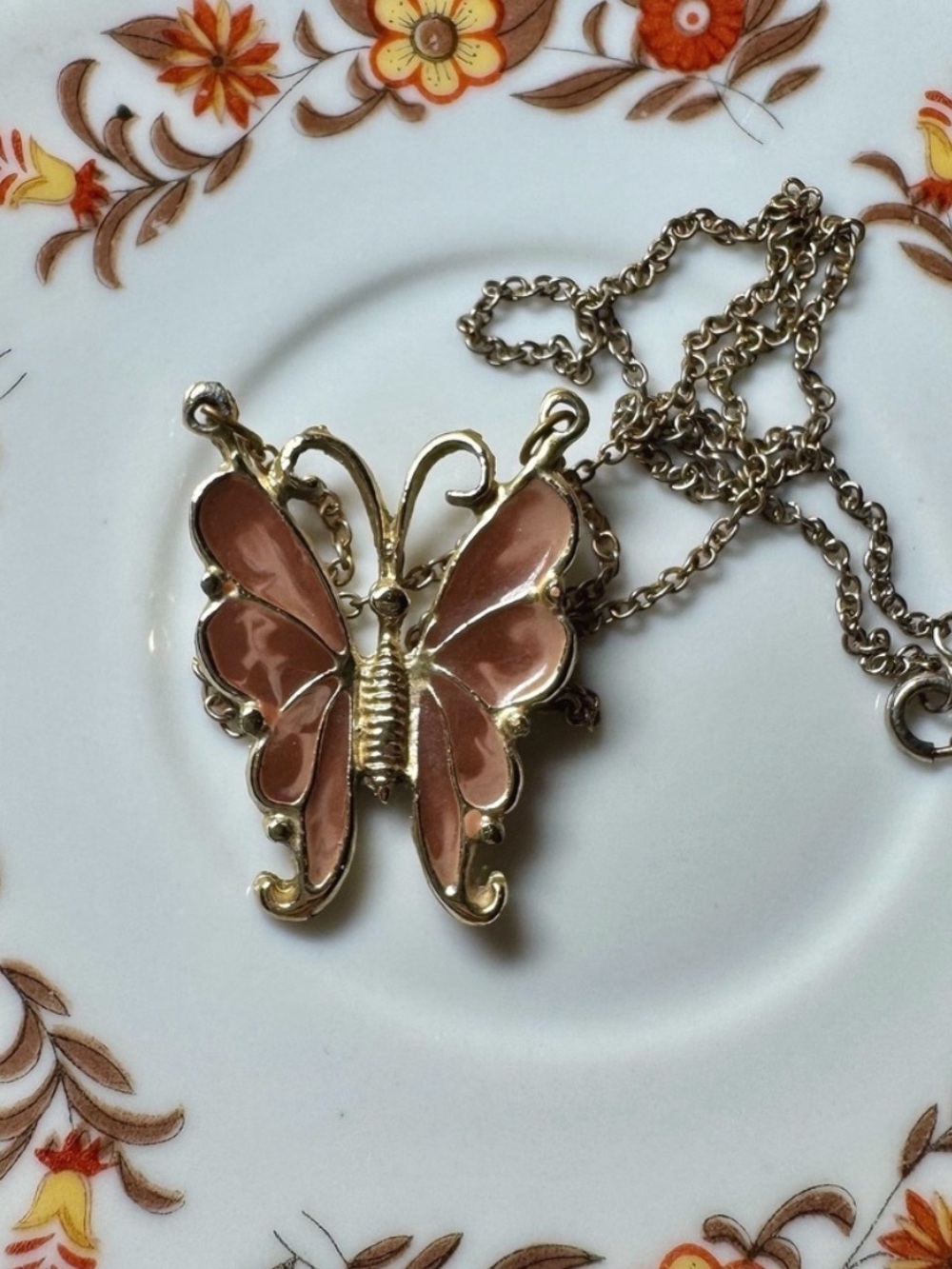 Vintage Butterfly Pendant Necklace with Pink Enamel and Gold Tone Chain